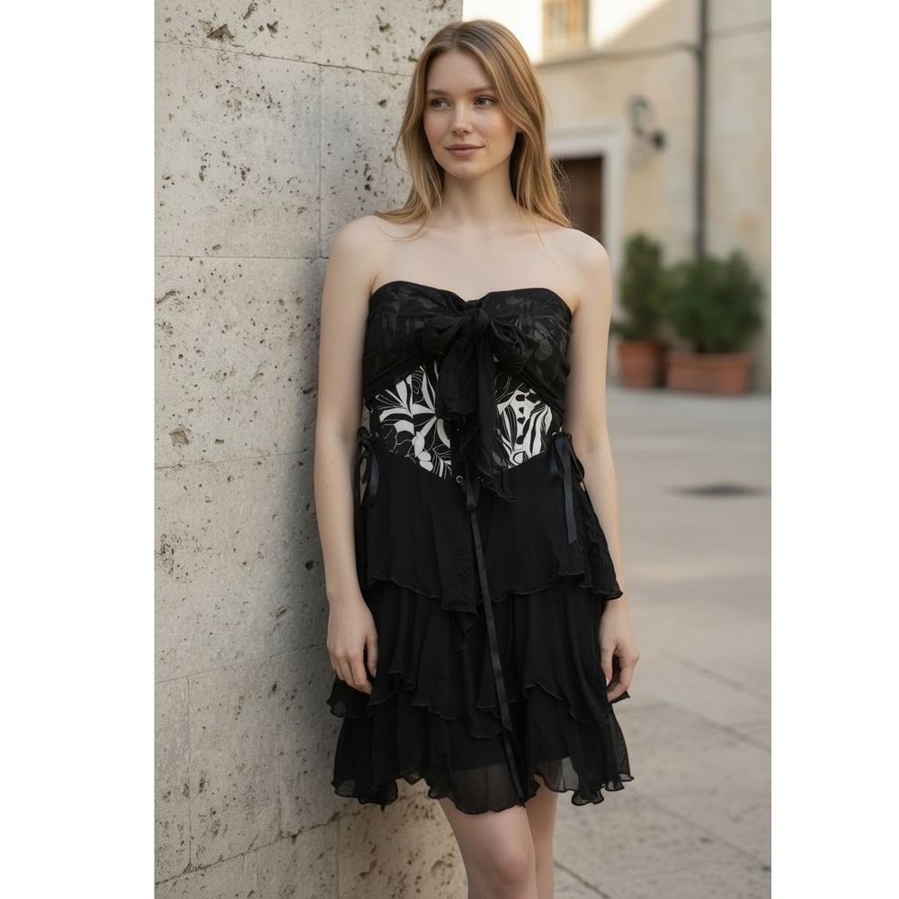 Tadashi Silk Tiered Ruffle corset Dress sz 14‎ floral whimsigoth witchy